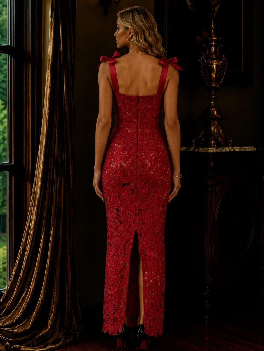 NWOT House Of CB Tiff XS Red Lace Bow Velvet Evening Gown Maxi Cherry Holly - Picture 5 of 7